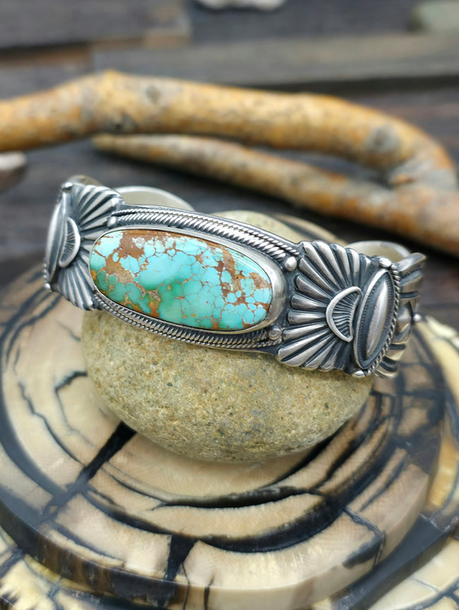 Stamped Sterling Silver and Royston Turquoise Cuff - 7 in.