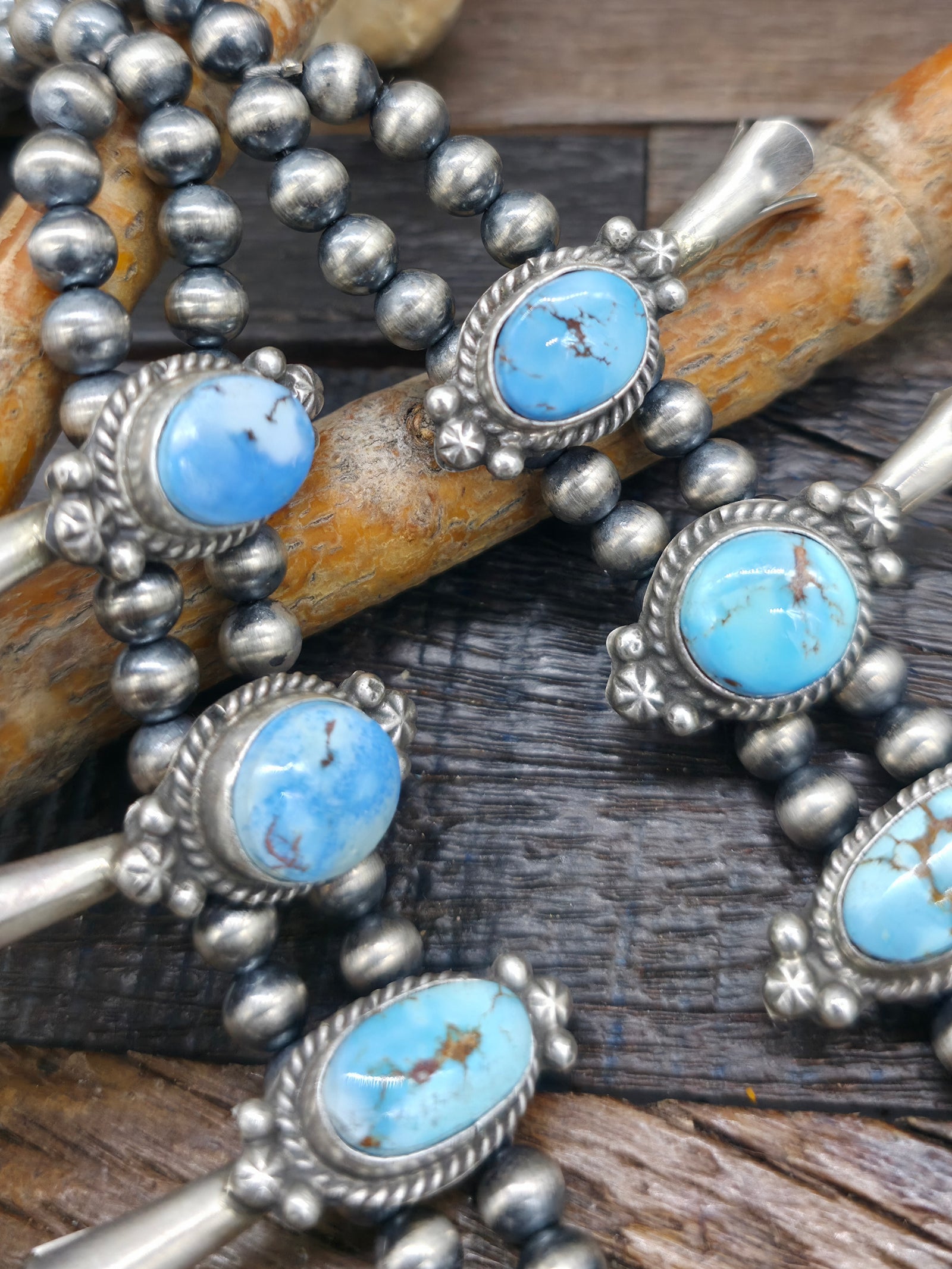 Golden Hill Turquoise Silver Squash Blossom Necklace and Earring Set by Theresa Smith - 22 in.