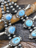 Golden Hill Turquoise Silver Squash Blossom Necklace and Earring Set by Theresa Smith - 22 in.