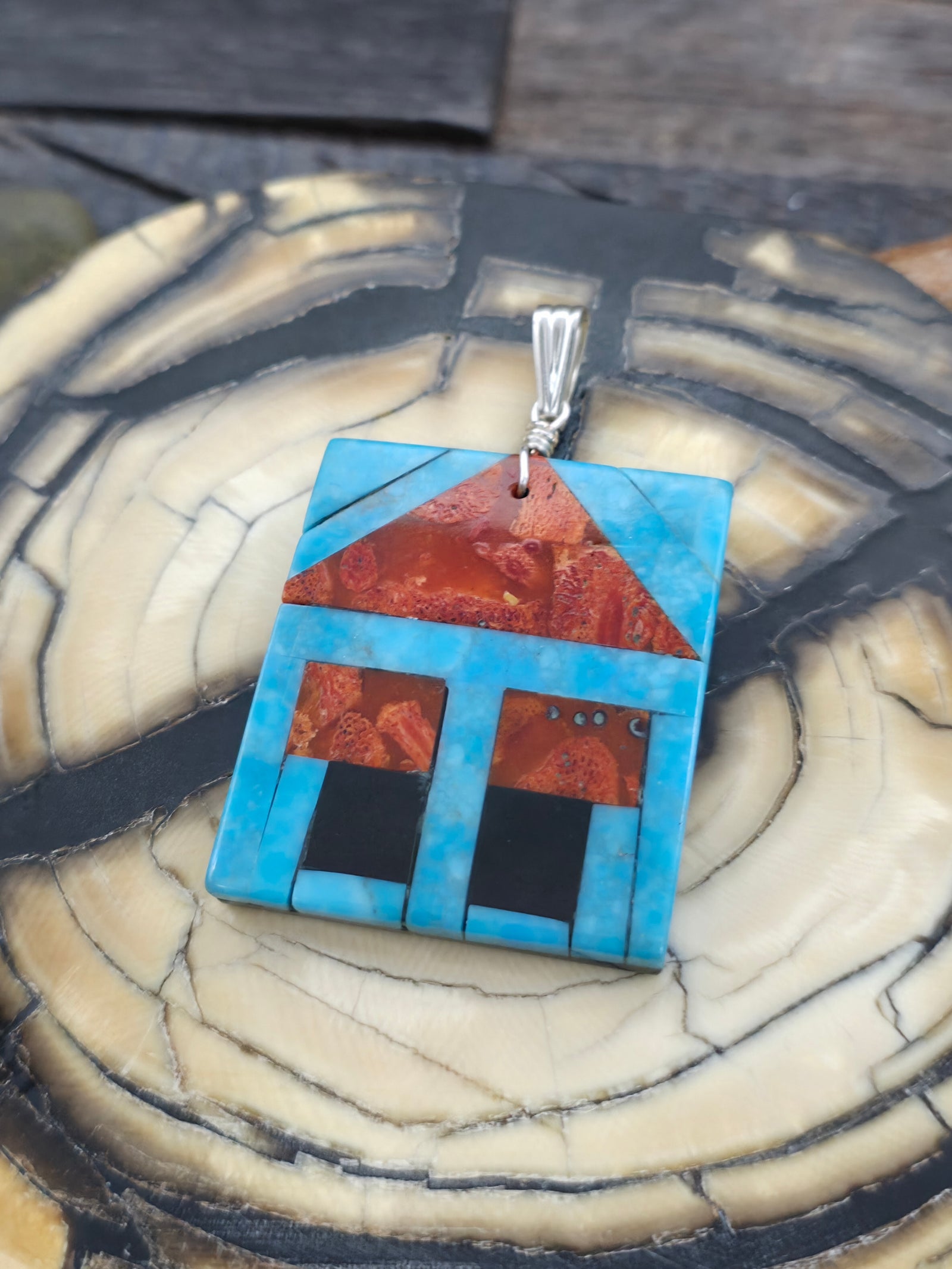 Turquoise, Sponge Coral, and Jet Mosaic Inlay Pendant by Nathan Garcia - 2 in. by 1 3/8 in.