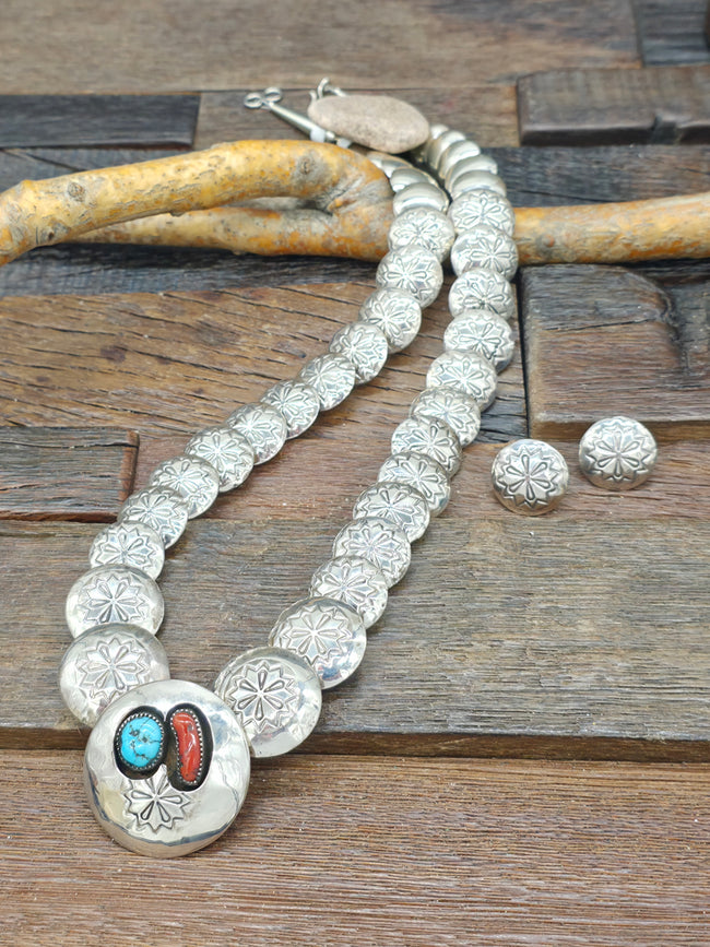 Turquoise and Coral High-Shine Sterling Silver Pillow Bead Necklace and Earring Set by Tim Thompson 22 in.