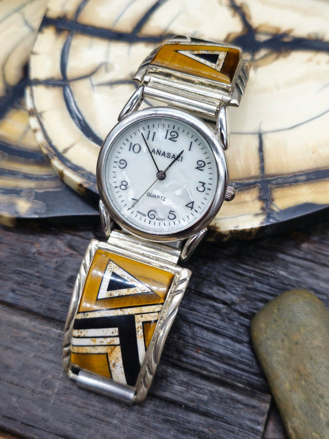 Tigers Eye and Onyx Inlay Sterling Silver Watch