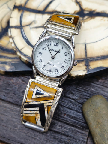 Onyx and White Buffalo Inlay Sterling Silver Watch