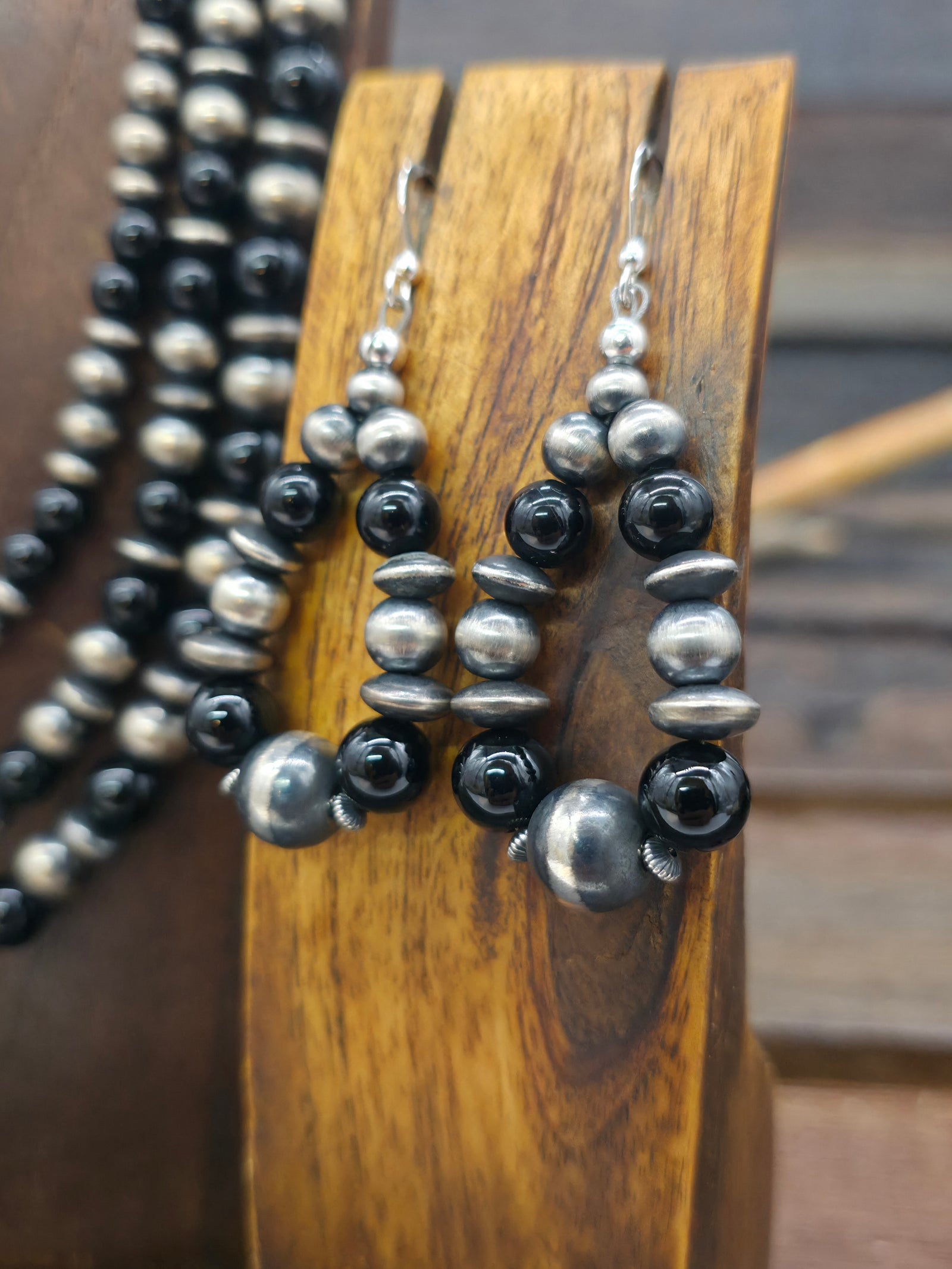 Three Strand Oxidized Sterling Silver and Onyx Bead Necklace and Earring Set by Geneva Apachito - 18 in. plus 3 in. Extender
