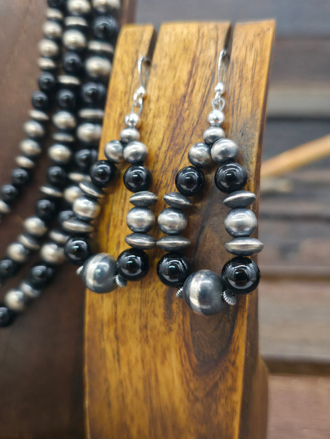 Three Strand Oxidized Sterling Silver and Onyx Bead Necklace and Earring Set by Geneva Apachito - 18 in. plus 3 in. Extender