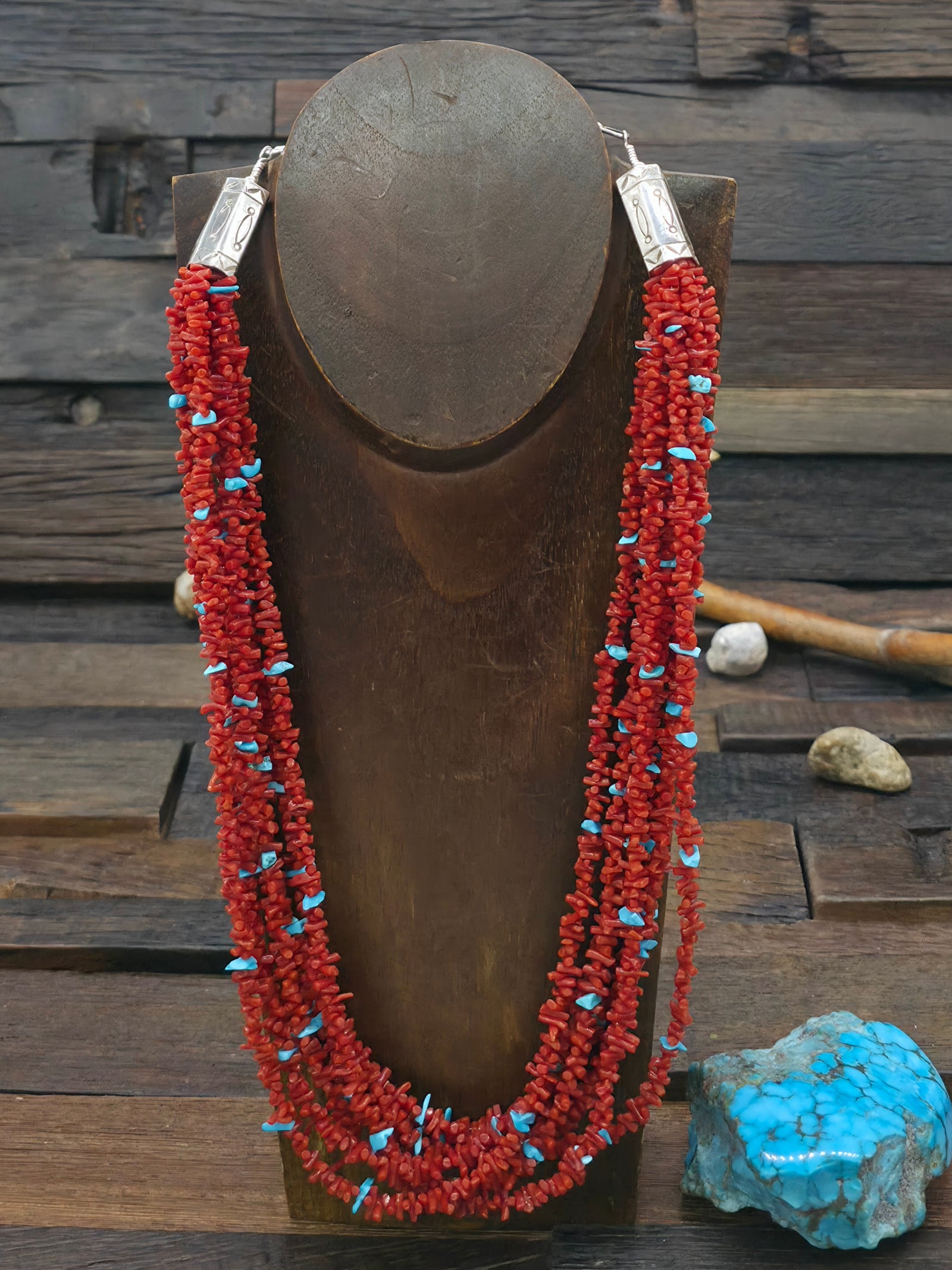 Eight Strand Coral and Turquoise Necklace with Stamped Sterling Silver Caps by Mel Masquat - 22 in. with 4 in. Extender