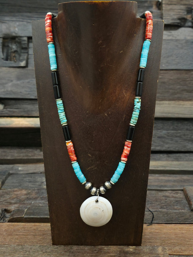 Turquoise Red Spiny and Onyx Necklace with Sterling Silver Beads and Mosaic Inlay Pendant - 22 in.