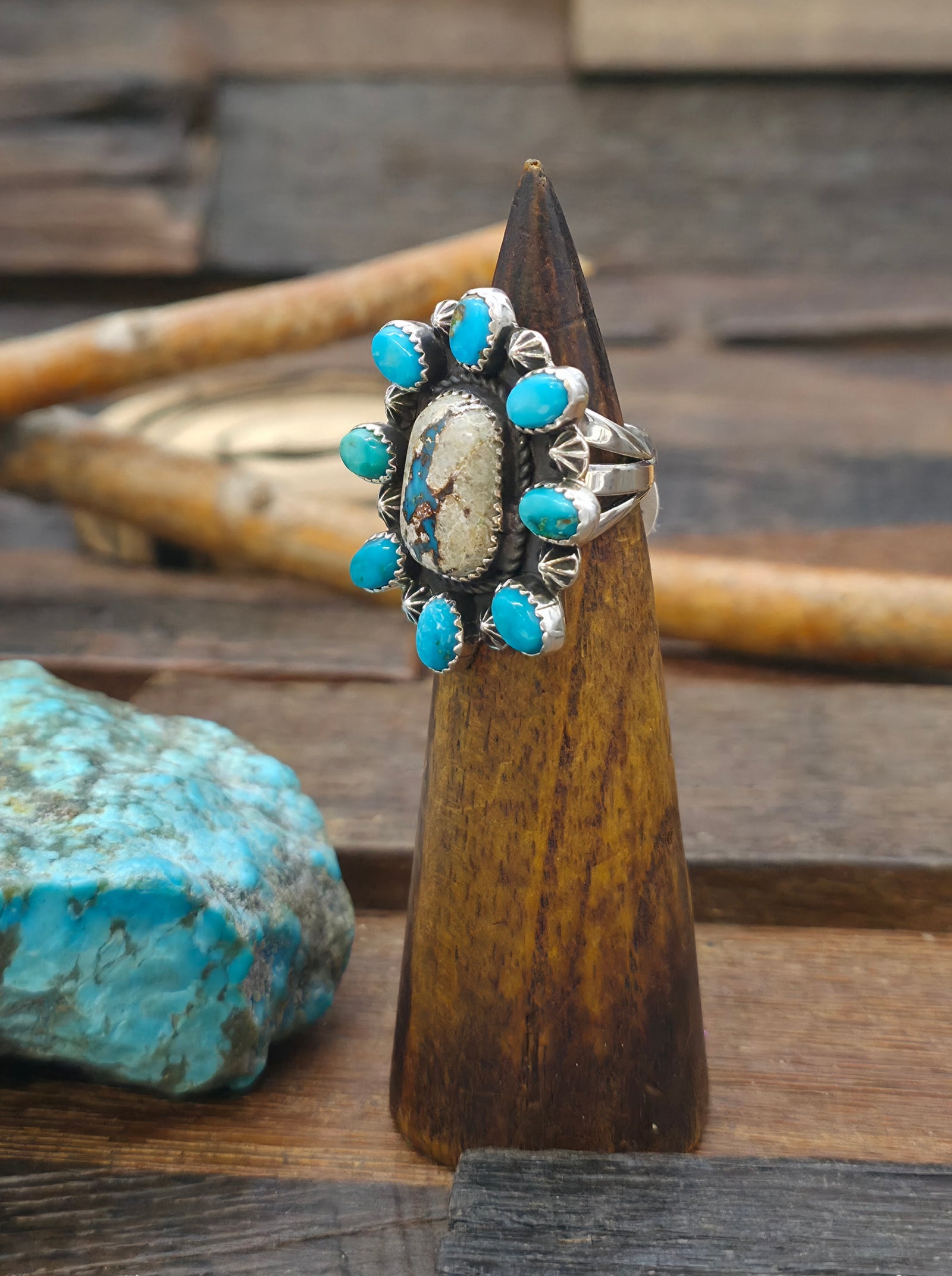Sterling Silver Boulder Turquoise Cluster Ring by Rosella Paxton - Size 7