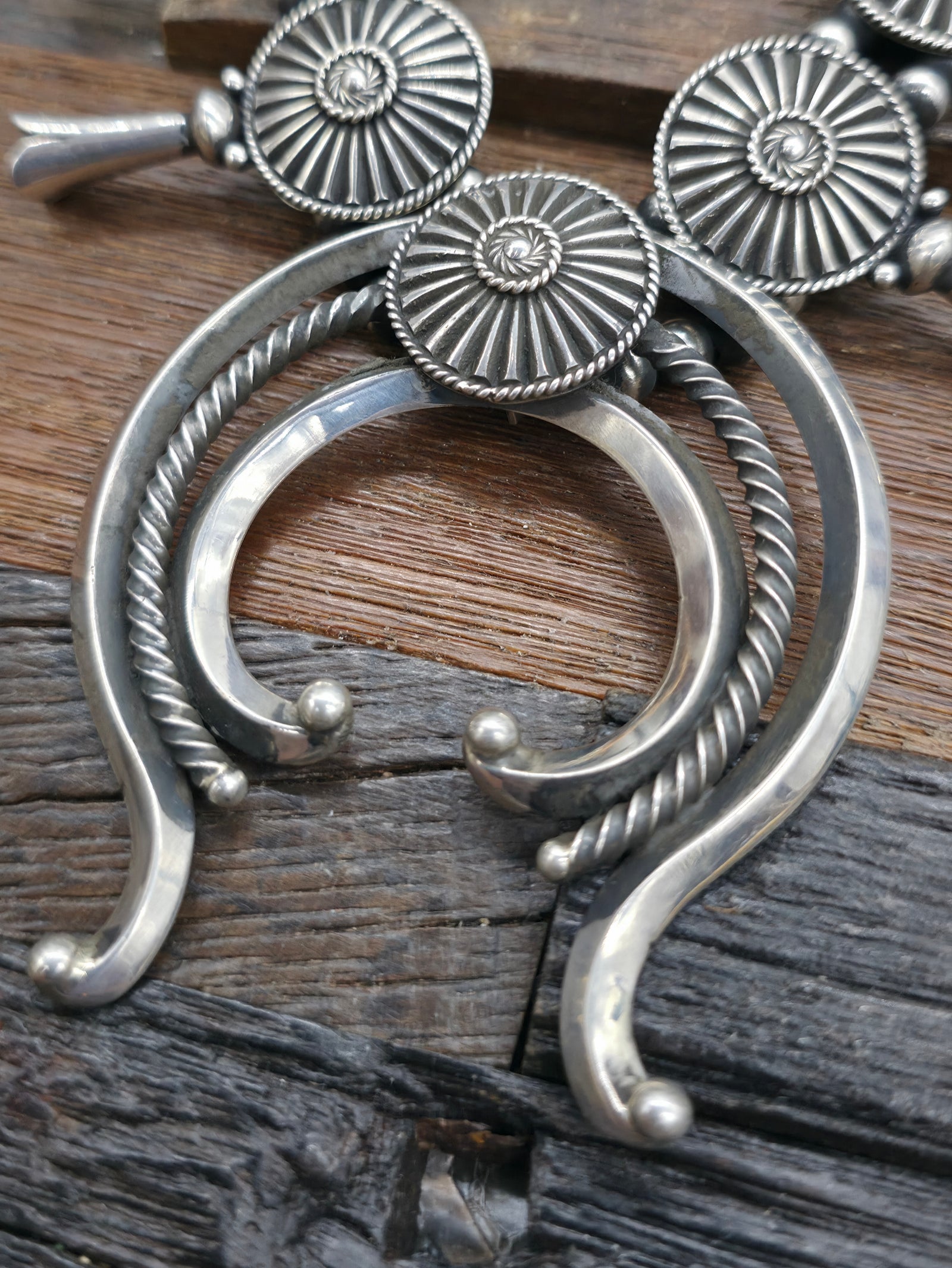 Stamped Sterling Silver Squash Blossom Necklace and Earring Set by Derrick Gordon - 26 in.