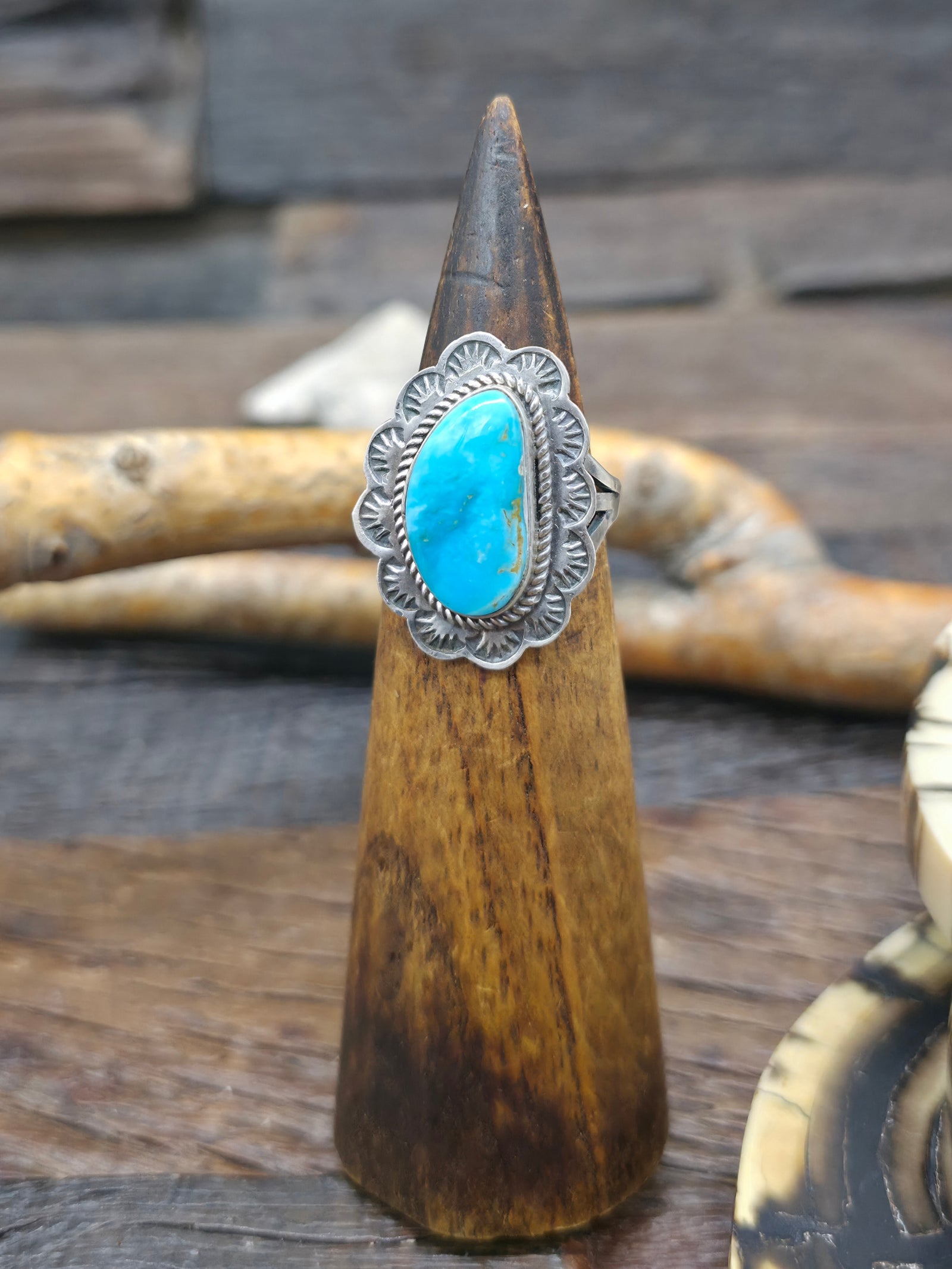 Stamped Sterling Silver Turquoise Ring by L. Ganado - Size 8