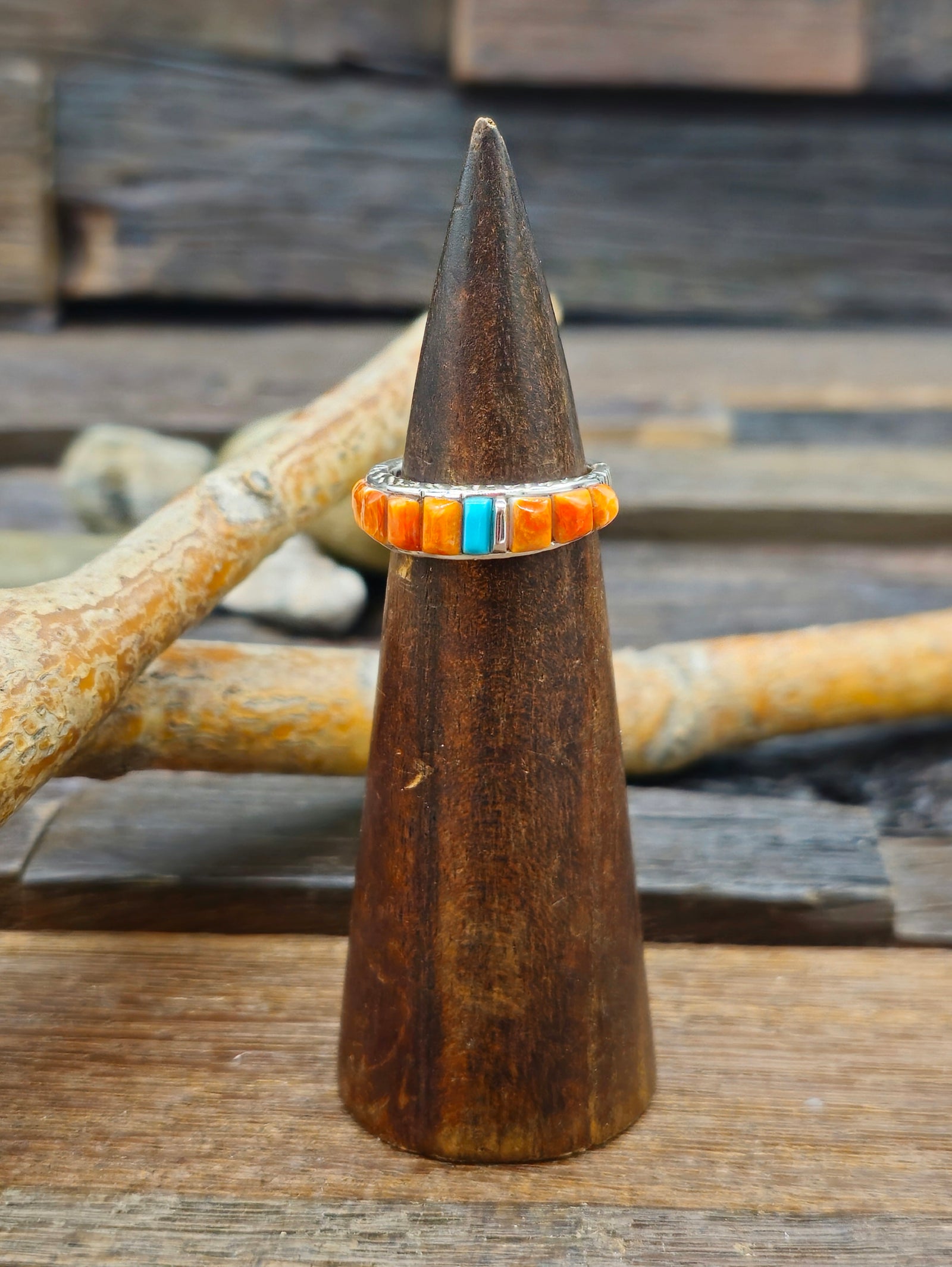 Wide Orange Spiny and Turquoise Cobblestone Inlay Sterling Silver Ring by Albert Topaha - Size 8 1/2