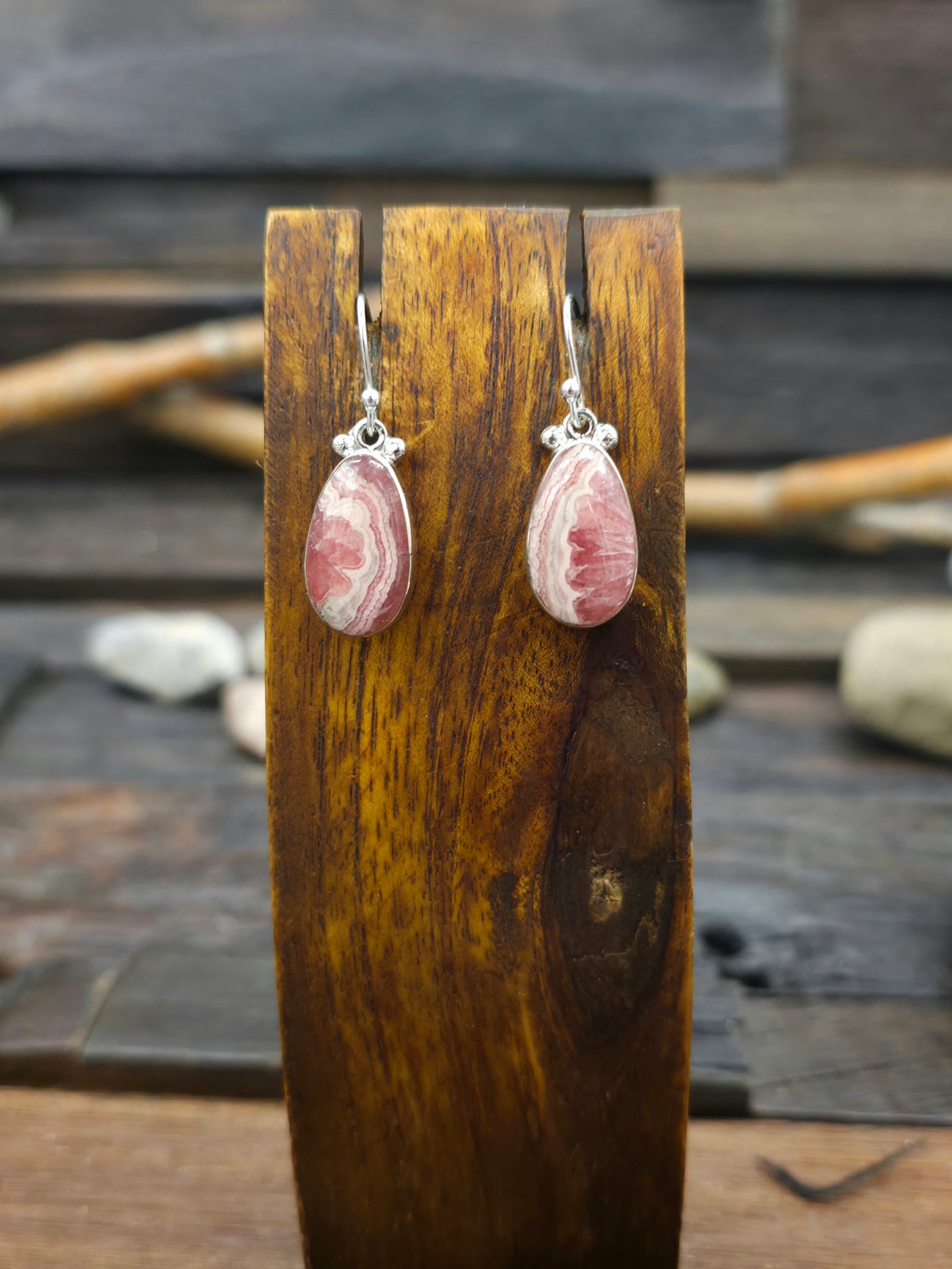 Rhodochrosite Sterling Silver Hook Earrings by Cathy Webster