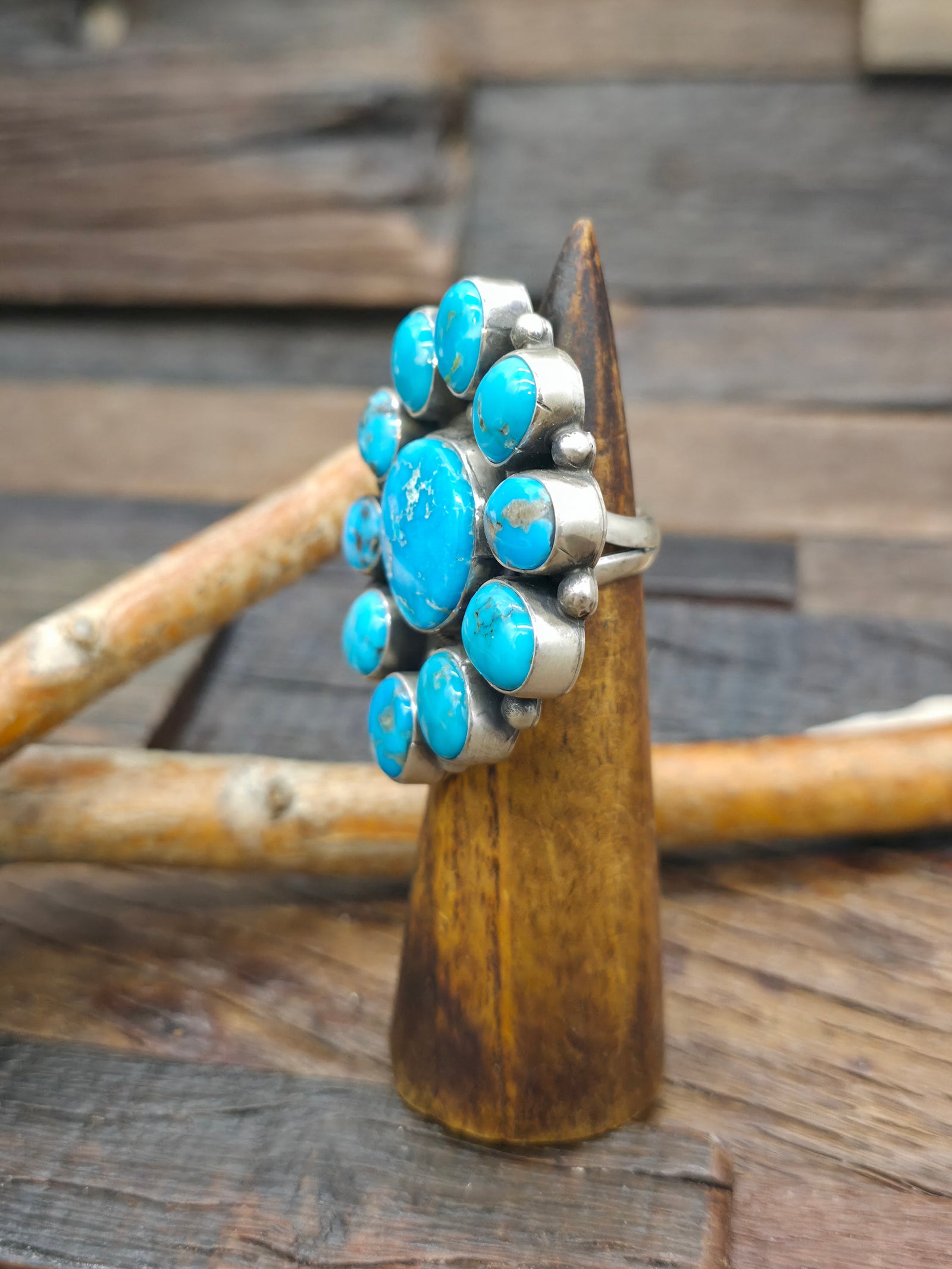 Sterling Silver Blue Turquoise Cluster Ring by Travis Jim - Size 8 1/2
