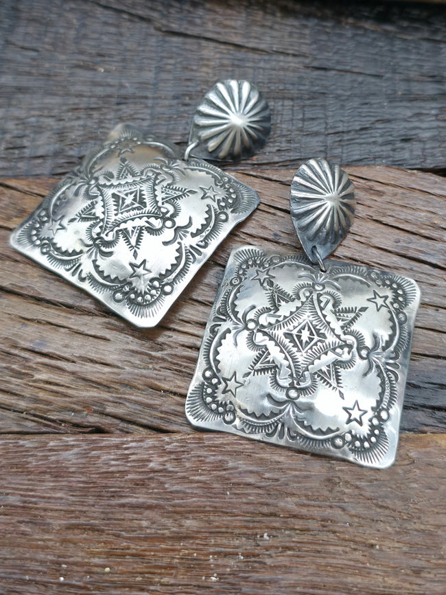 Sterling Silver Stamped Square Earrings by Vincent Platero - 2 1/2 by 1 1/2