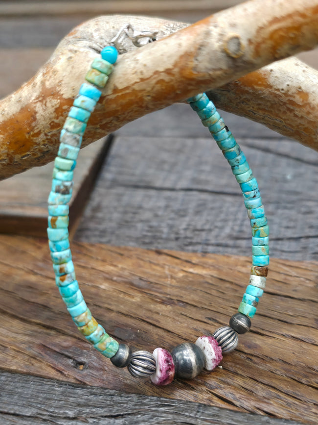 Turquoise Heishi, Purple Spiny, and Sterling Silver Bead Bracelet - 7 in.
