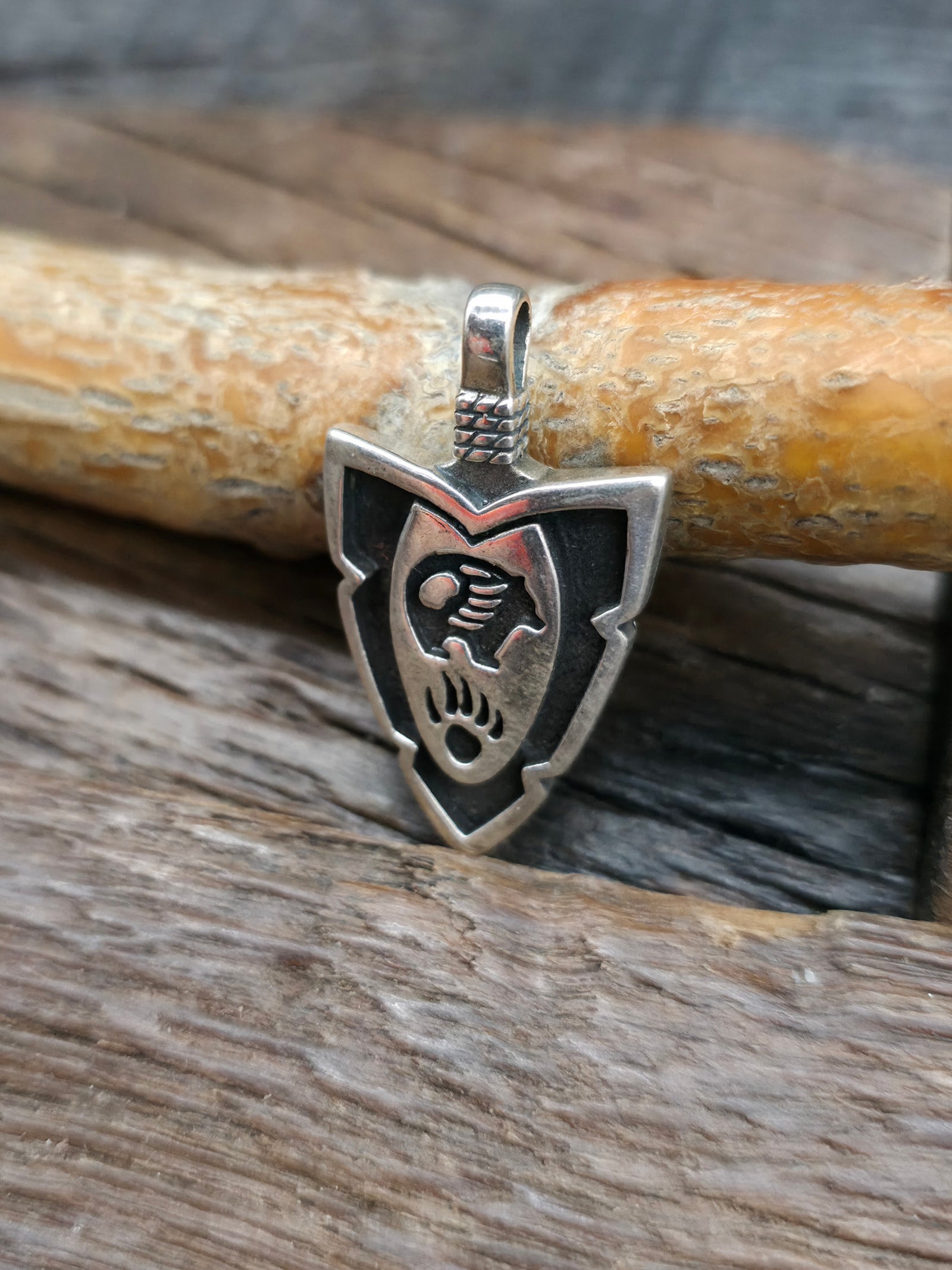 Small Sterling Silver Arrowhead Pendant - Bear NON NATIVE MADE - 1 1/4 in. by 3/4 in.
