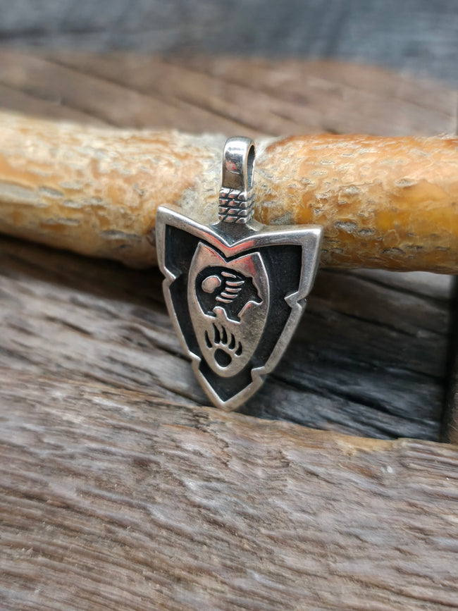 Small Sterling Silver Arrowhead Pendant - Bear NON NATIVE MADE - 1 1/4 in. by 3/4 in.