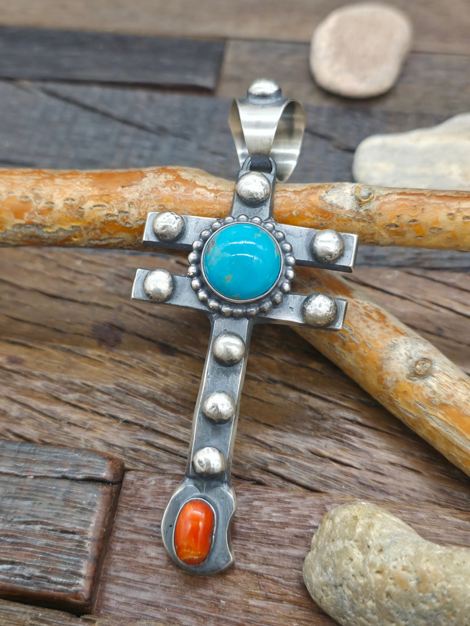 Chimney Butte Heavyweight Cast Sterling Silver Turquoise and Coral Dragonfly Symbol Pendant - 3 1/2 in. by 1 5/8 in.