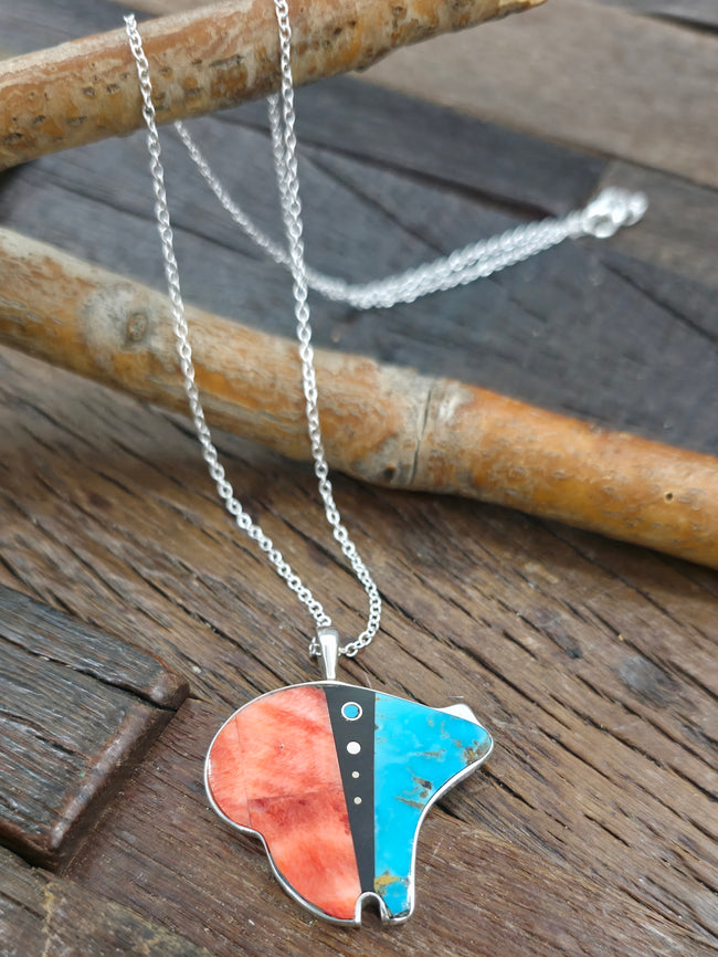 Medium Sterling Silver Spiny Oyster and Turquoise Bear Pendant on Chain by Jimmy Poyer