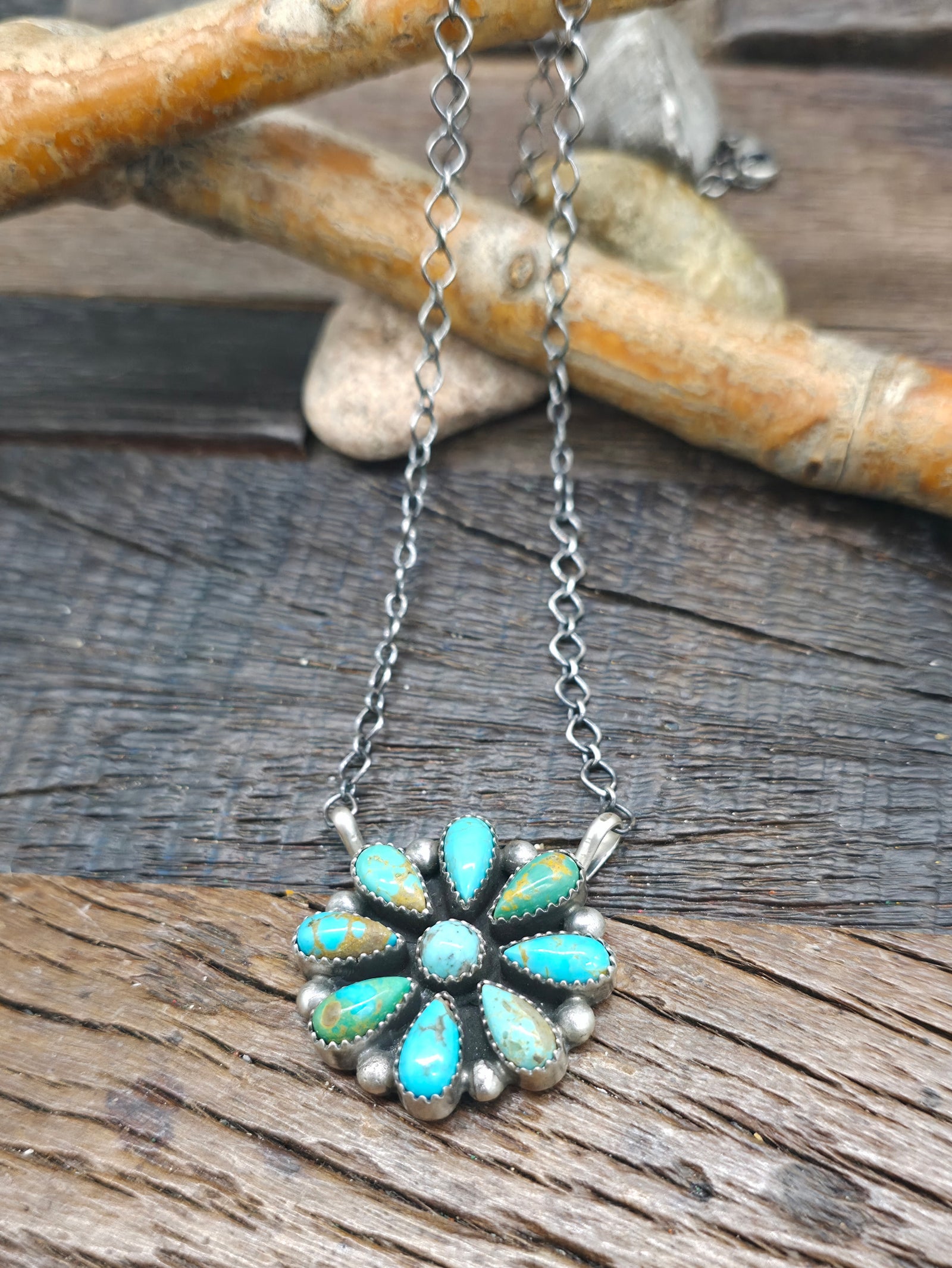 Sterling Silver Turquoise Cluster Necklace by "J" - 18 in.