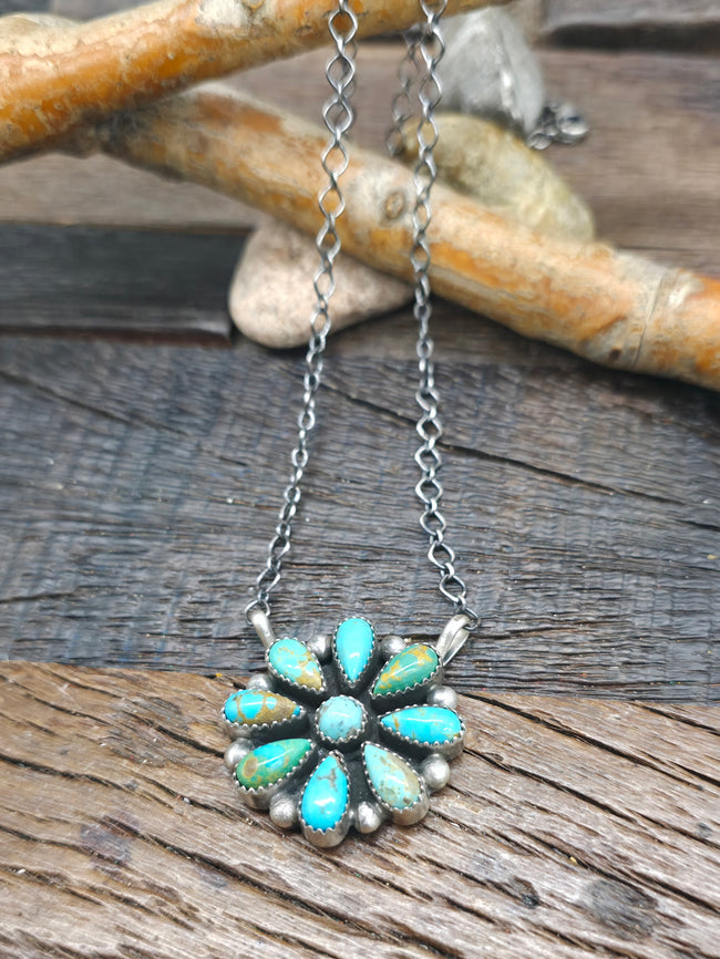 Sterling Silver Turquoise Cluster Necklace by "J" - 18 in.