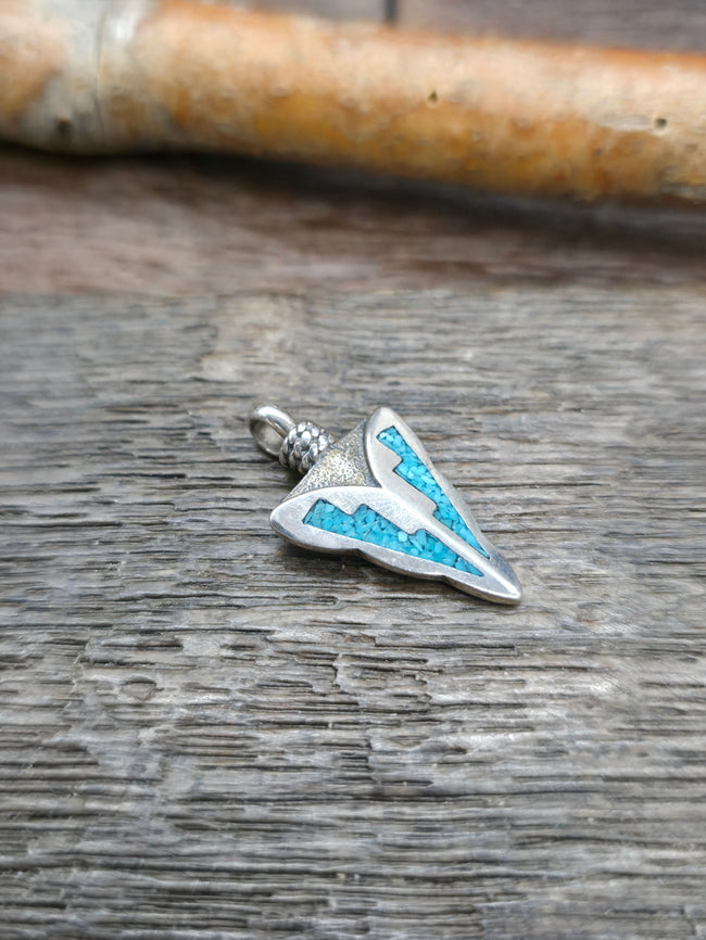 Small Sterling Silver Turquoise Chip Inlay Arrowhead Pendant - NON NATIVE MADE 1 in. by 1/2 in.