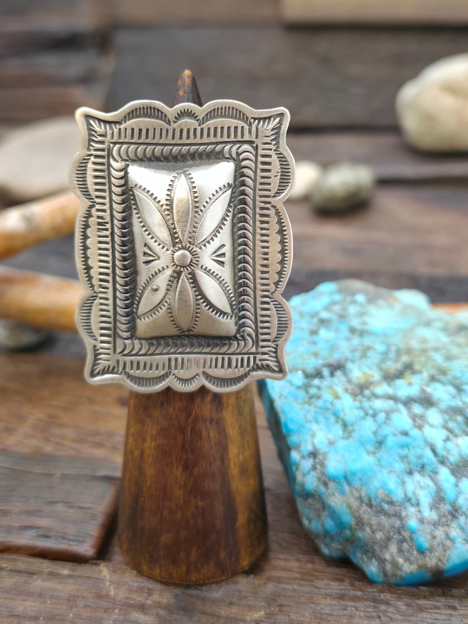 Adjustable Stamped Sterling Silver Ring by Leander Tahe - Rectangle