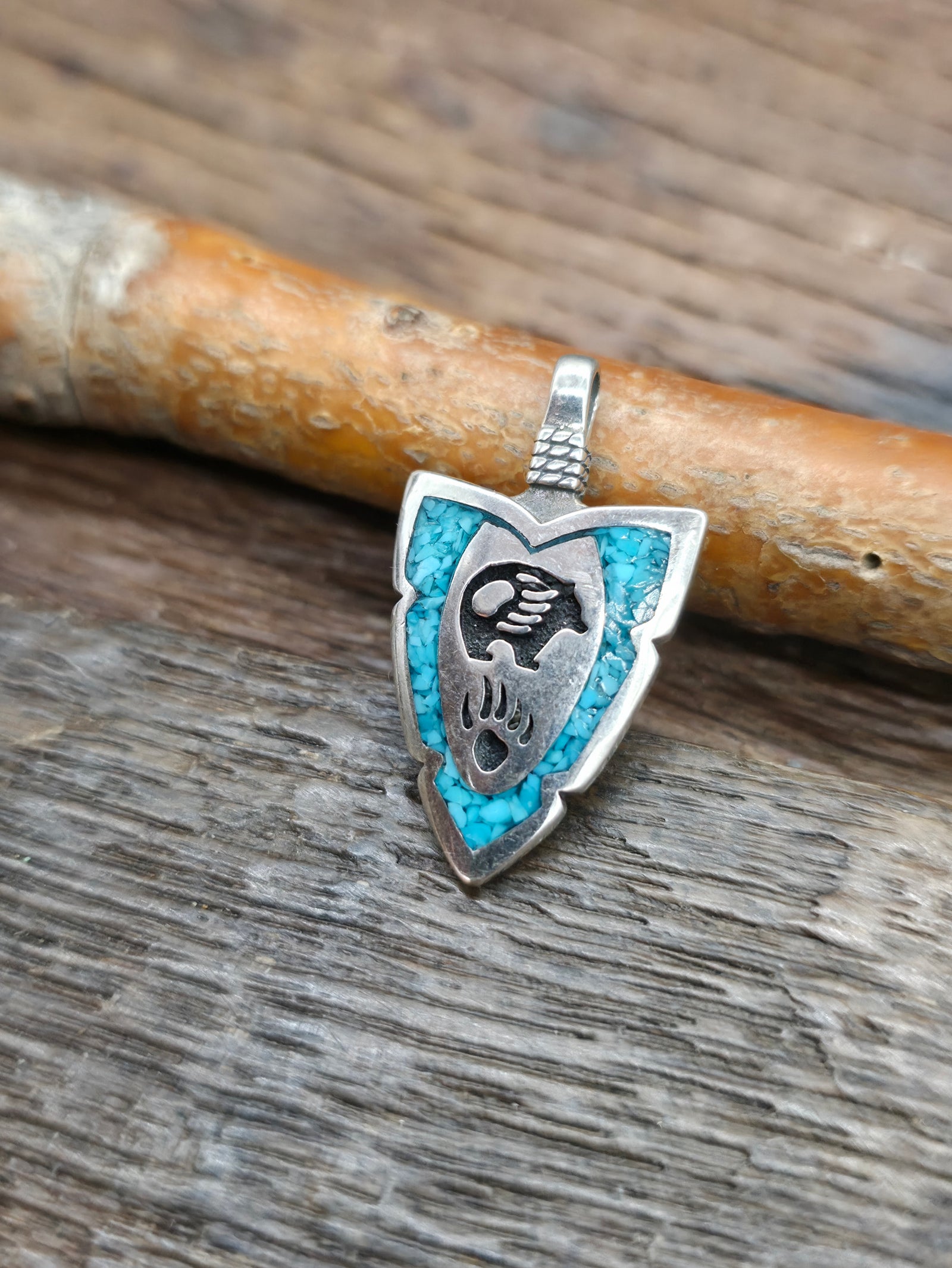 Small Sterling Silver Turquoise Chip Inlay Arrowhead Pendant - Bear  NON NATIVE MADE - 1 1/4 in. by 3/4 in.