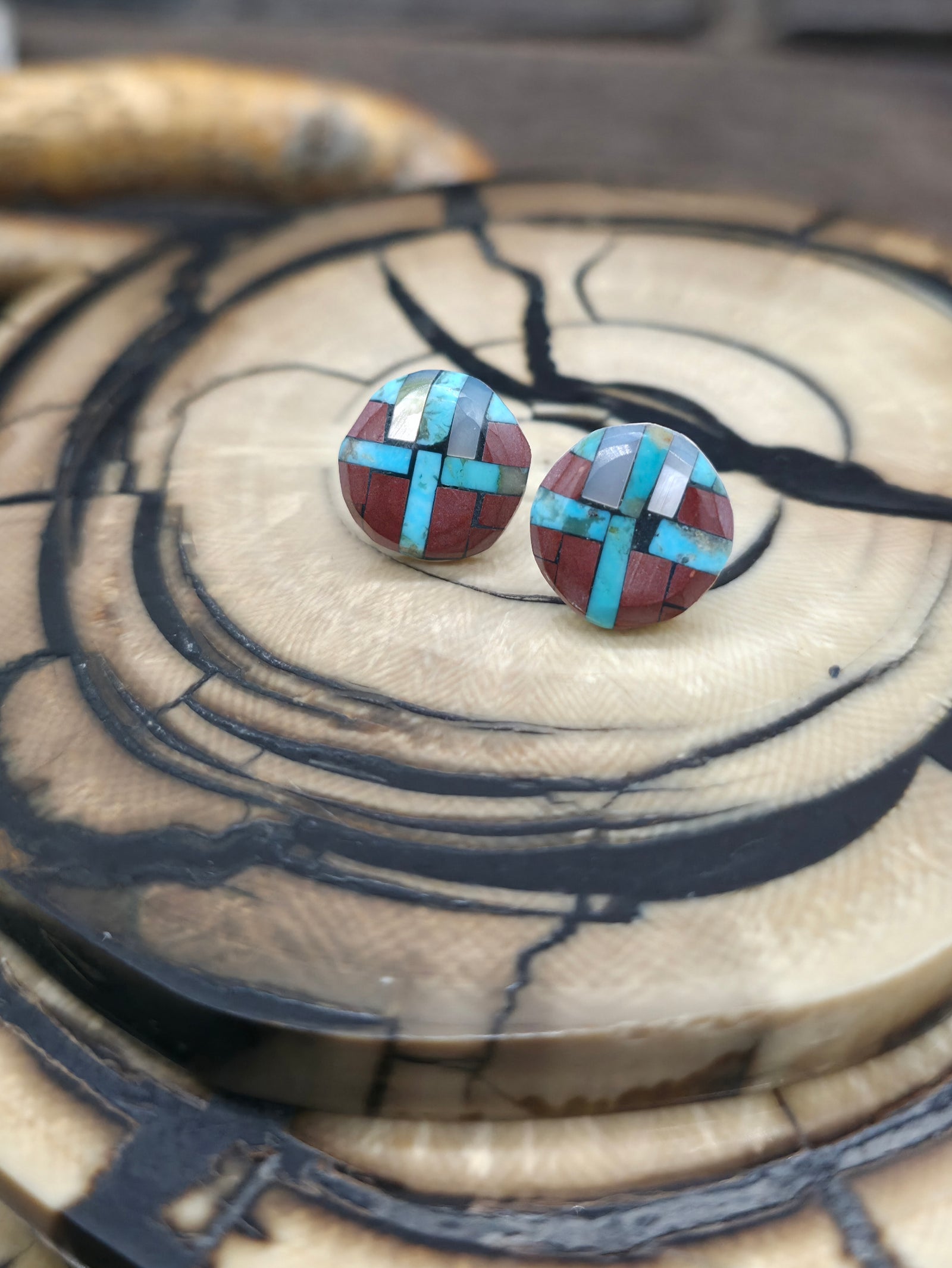 Mini Mosaic Inlay Post Earrings by Joe and Angie Reano - 1/2 in.