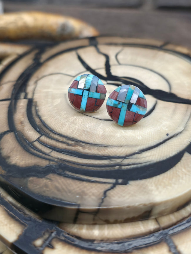 Mini Mosaic Inlay Post Earrings by Joe and Angie Reano - 1/2 in.