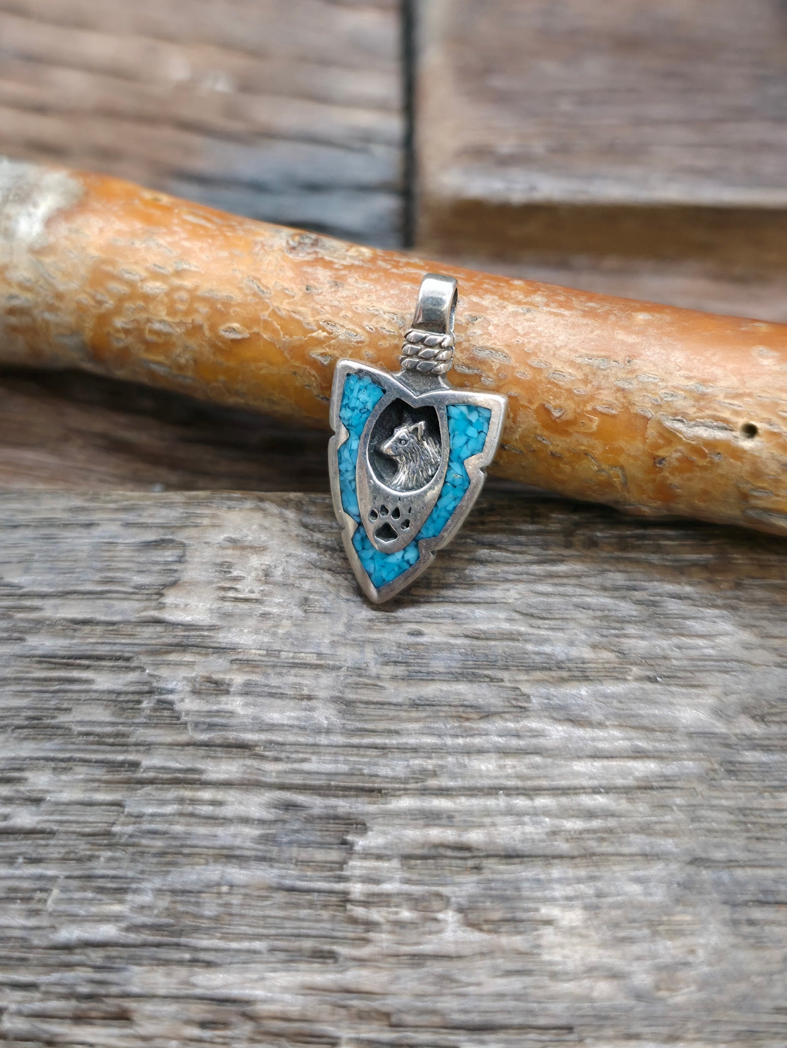 Mini Sterling Silver Turquoise Chip Inlay Arrowhead Pendant - Wolf - NON NATIVE MADE - 7/8 in. by 1/2 in.