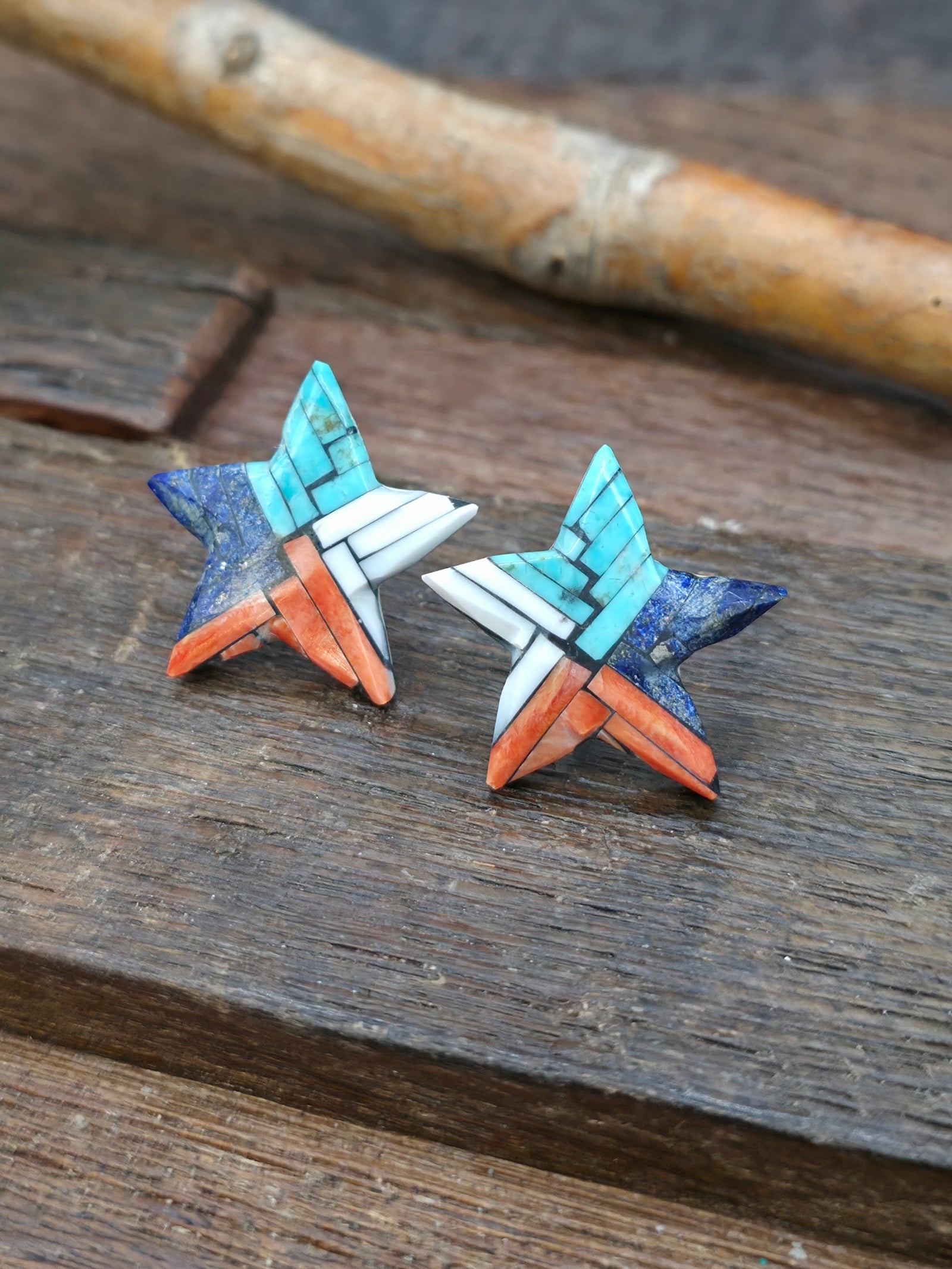 Mosaic Inlay Star Earrings by Joe and Angie Reano - 1 in.