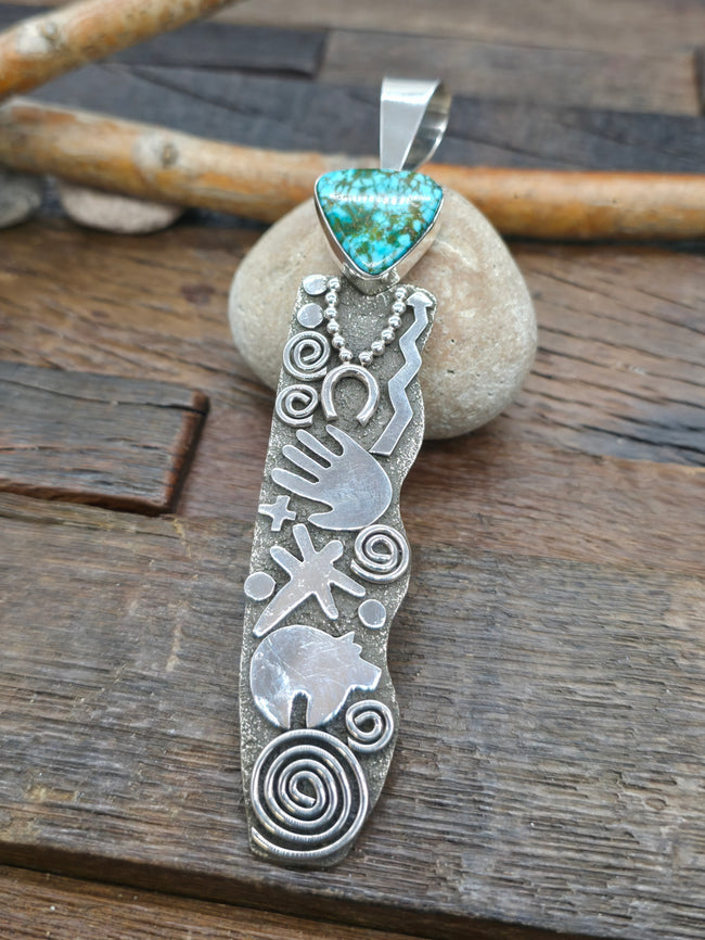 Sterling Silver & Kingman Turquoise Pendant by Alex Sanchez - 5 in. by 1 in.