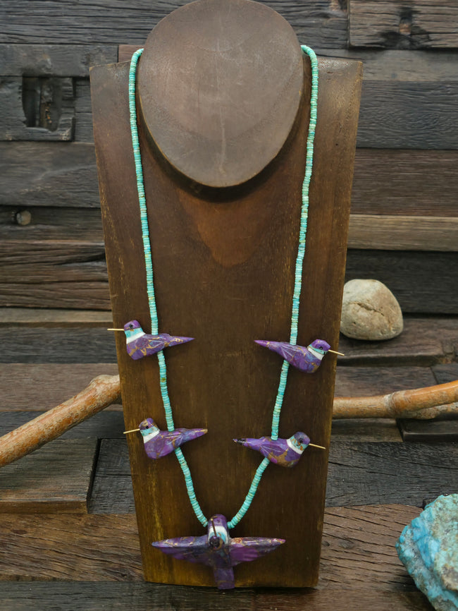 Purple Five Hummingbird Necklace with Turquoise Heishi by Matt Mitchell - 24 in.