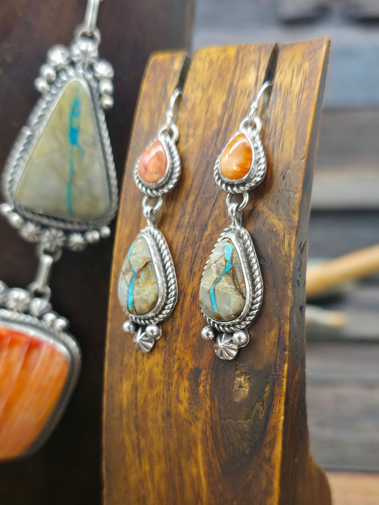 Sterling Silver Boulder Blue Gem Turquoise and Spiny Oyster Necklace and Earring set by Rosella Paxton - 20 in.
