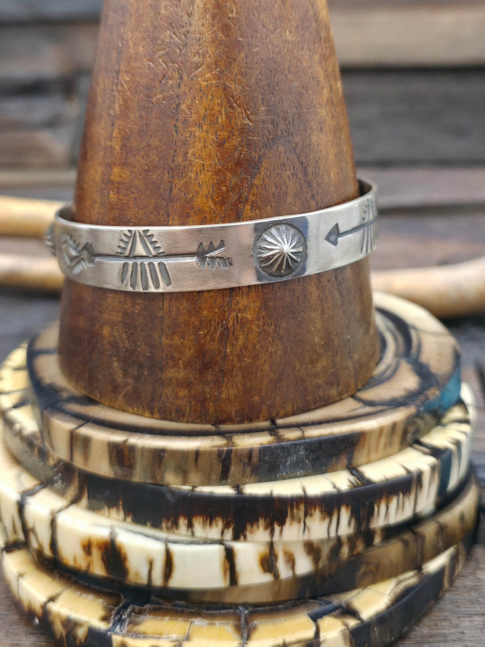 Stamped Sterling Silver Bangle by Elvira Bill - Arrows - 8 in.