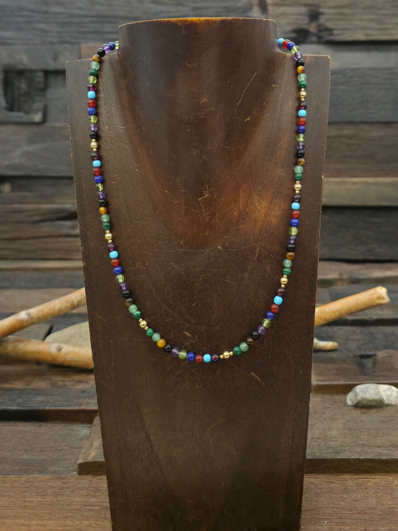 Multi Stone 14K Gold Bead Necklace - NON NATIVE MADE - 18 in.