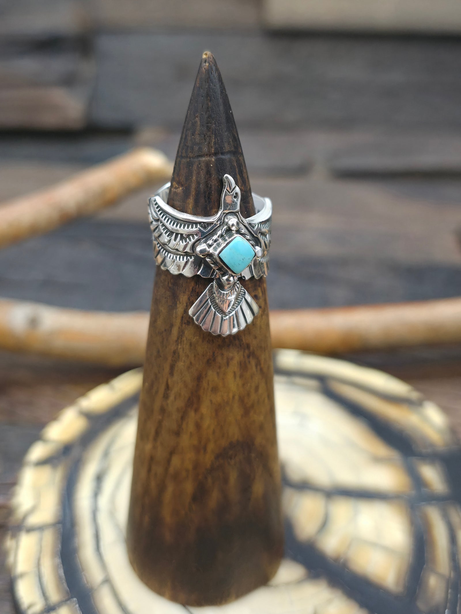 Sterling Silver Thunderbird Ring with Turquoise by Jeremy Delgarito - Size 7