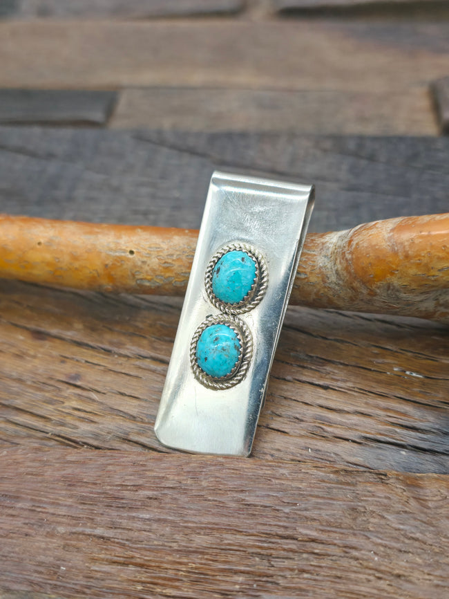 Sterling Silver Turquoise Two Stone Money Clip - 2 in. by 3/4 in.
