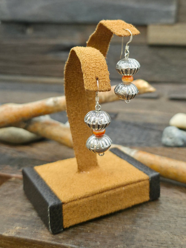 Fluted Sterling Silver and Spiny Oyster Bead Earrings