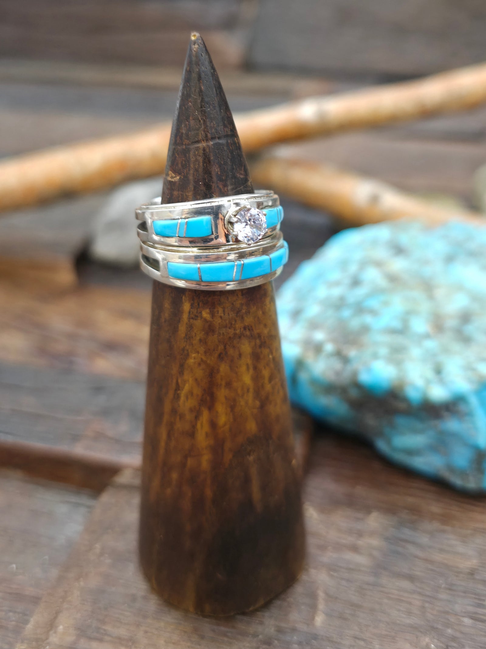 Sterling Silver Turquoise Inlay Wedding Band Set by Wilbert Muskett Jr