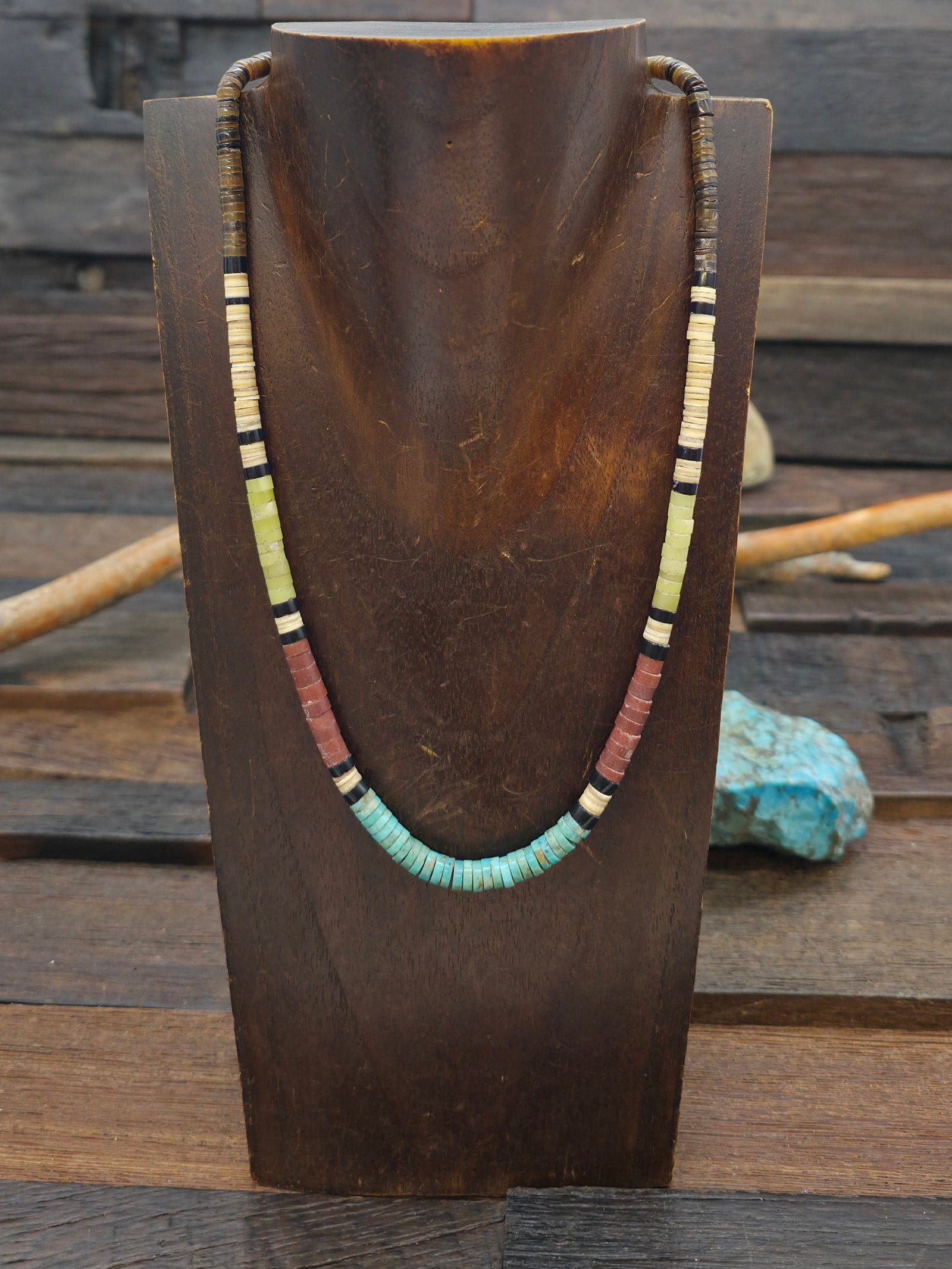 Colorblock Necklace by Deana Tenorio - Jet, Turquoise Pipestone, Pin Shell, and Serpentine - 18 in.