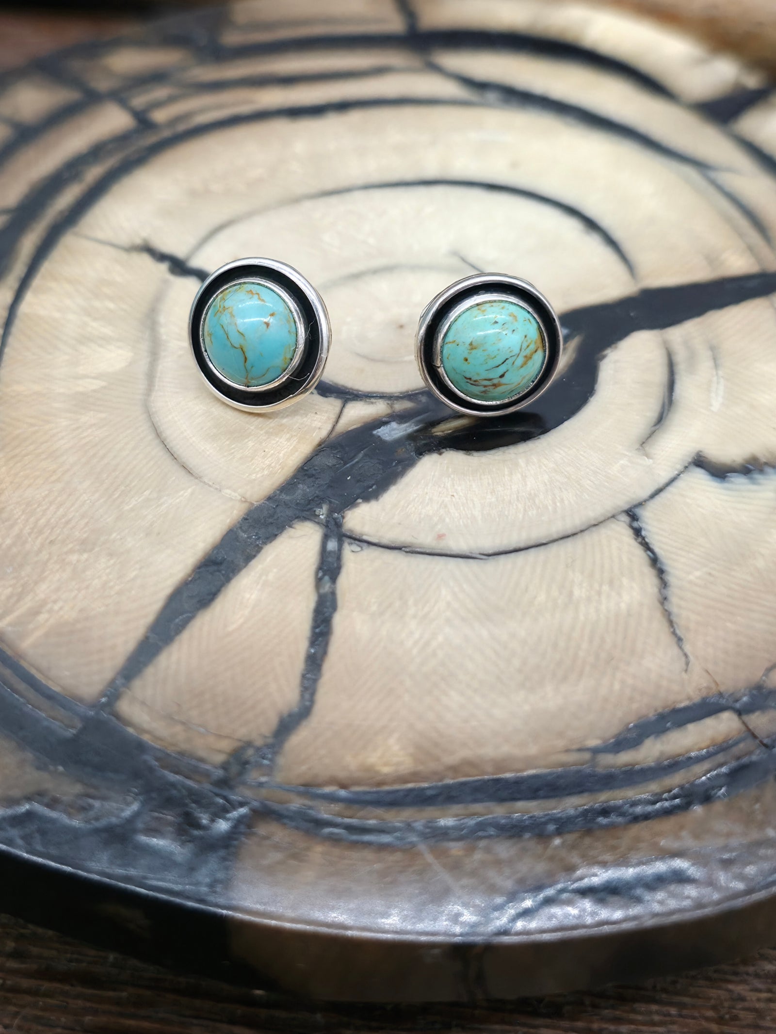 Green Turquoise Sterling Silver Shadowbox Post Earrings by Martin Perry - 3/8 in. Diameter
