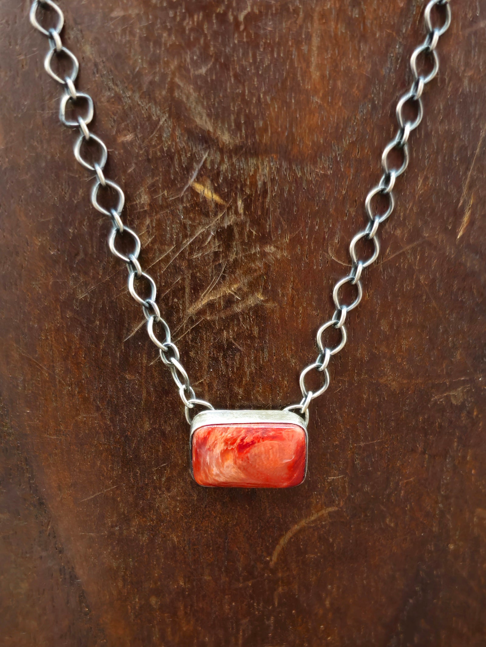 Oxidized Sterling Silver and Red Spiny Oyster Bar Necklace - 18 in