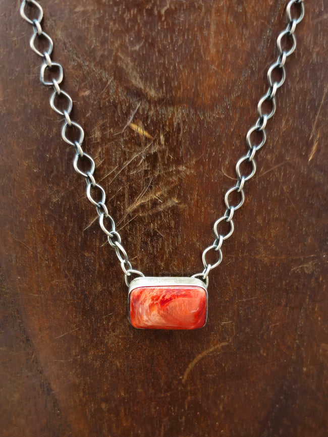 Oxidized Sterling Silver and Red Spiny Oyster Bar Necklace - 18 in