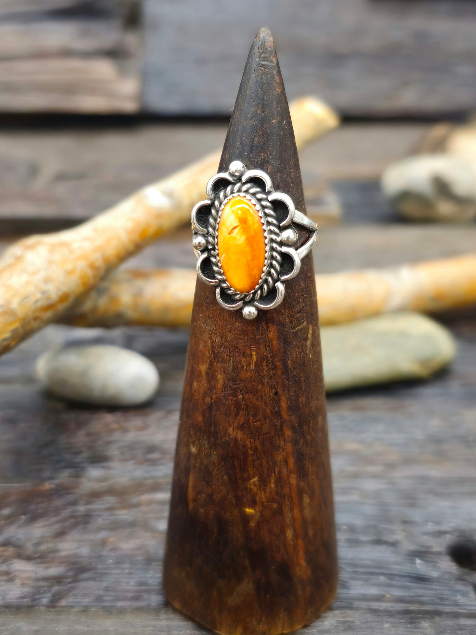 Sterling Silver and Orange Spiny Oyster Ring by Priscilla Smith- Size 8