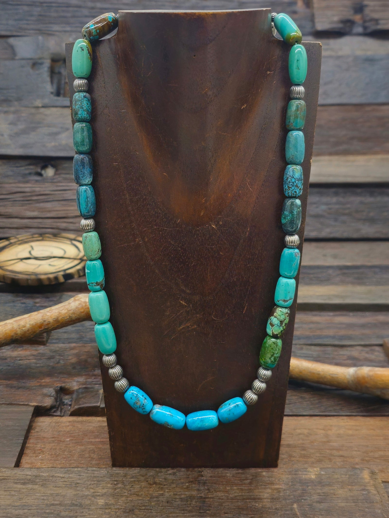 Blue and Green Skyhorse Turquoise Barrel Bead Necklace - 22 in