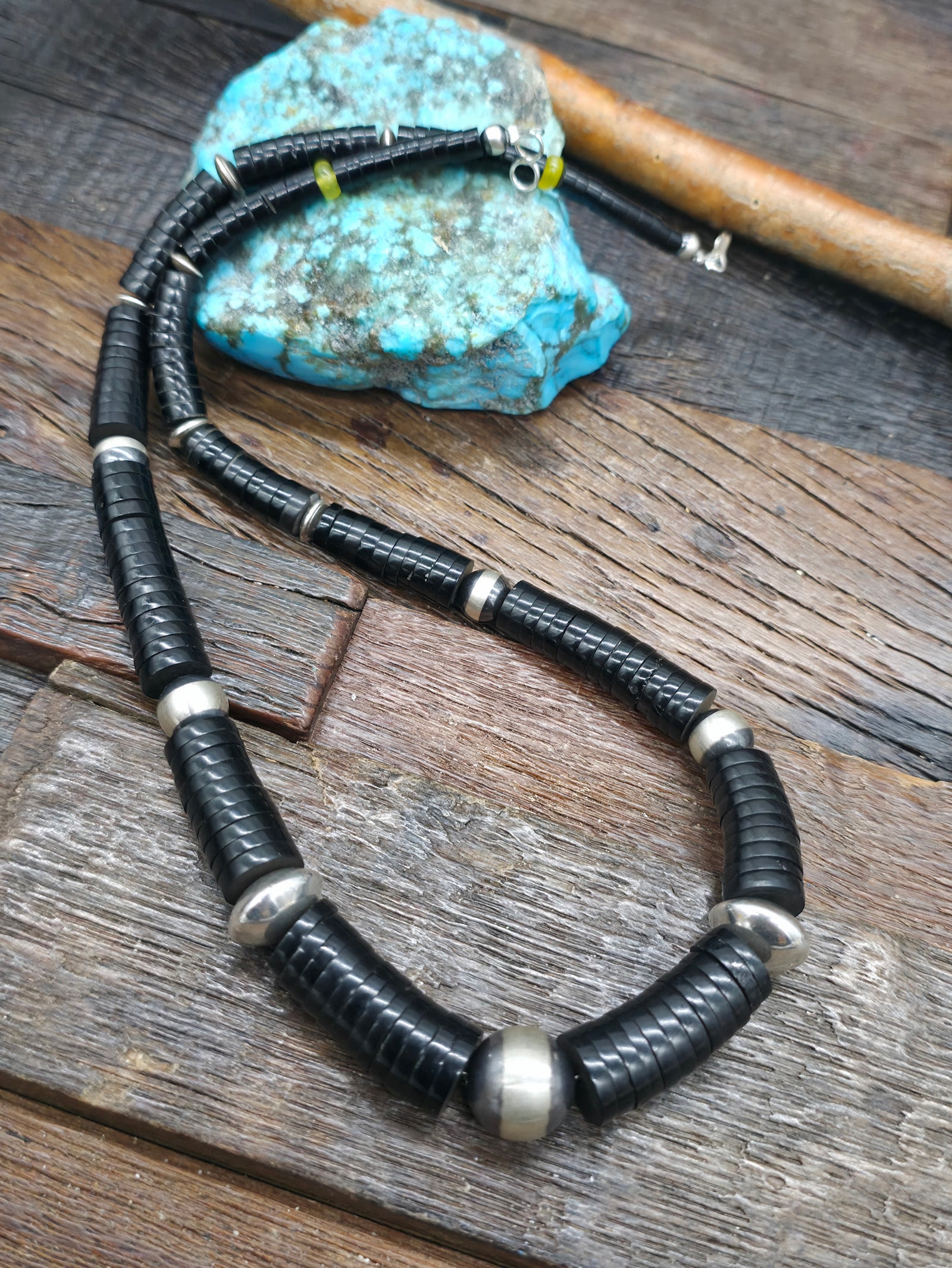 Graduated Jet Heishi Necklace with Sterling Silver and Serpentine Beads - 21 in.