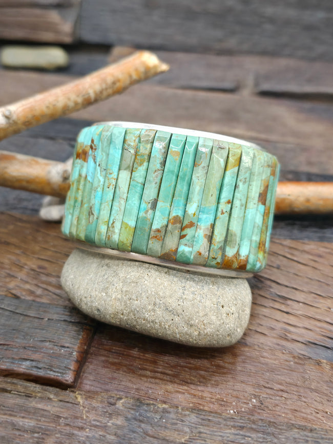 Wide Turquoise Cobblestone Inlay Sterling Silver Cuff by Louise Pete - 6 1/2 in. with Gap