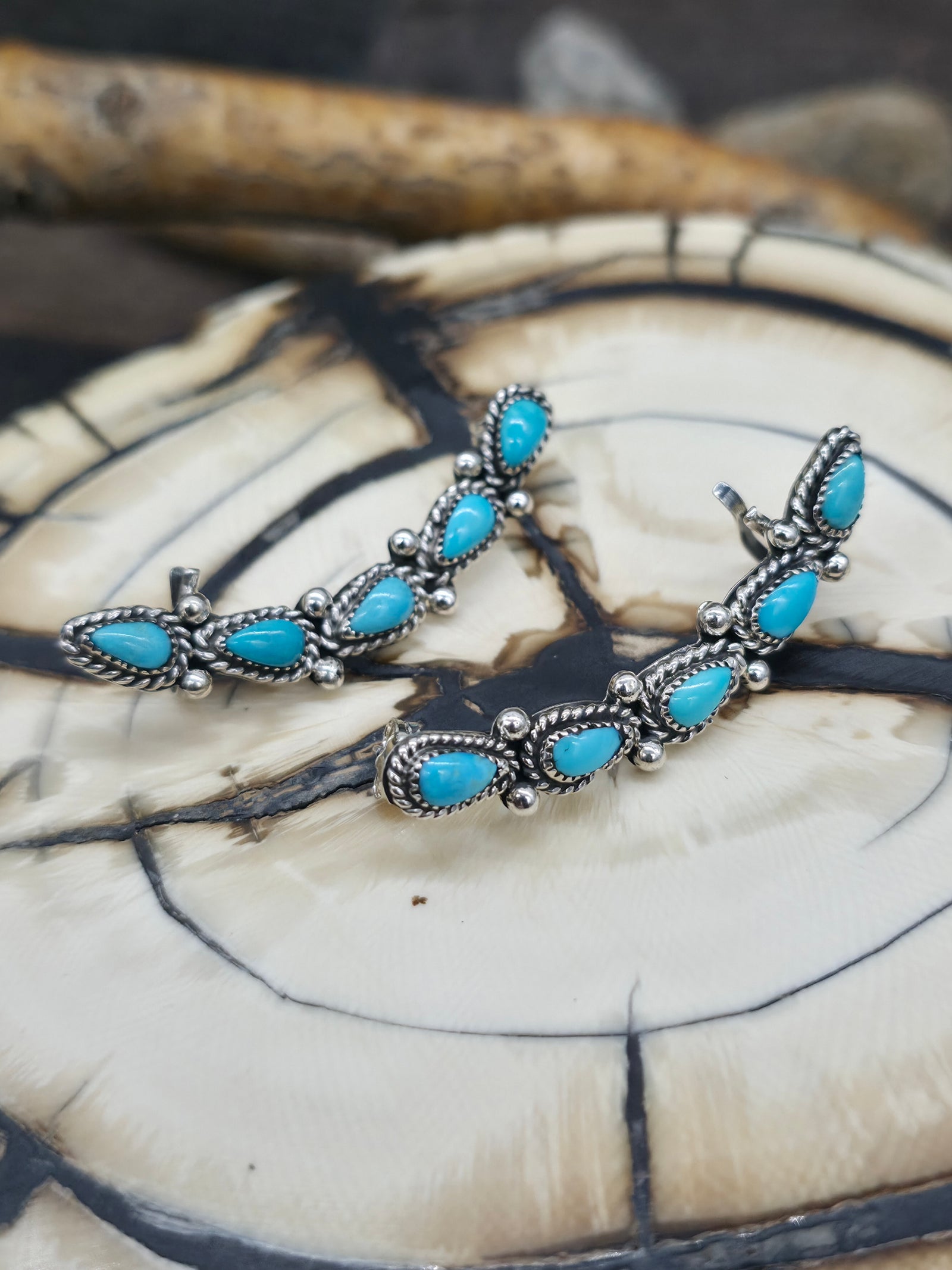 Sterling Silver Turquoise Ear Crawler Earrings by Charlene Yazzie - 1 3/4 in. by 1/4 in.